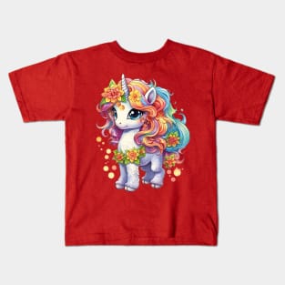 Majestic Harmony: Beautiful Unicorn with Colorful Flowing Mane and Flowers Design Kids T-Shirt